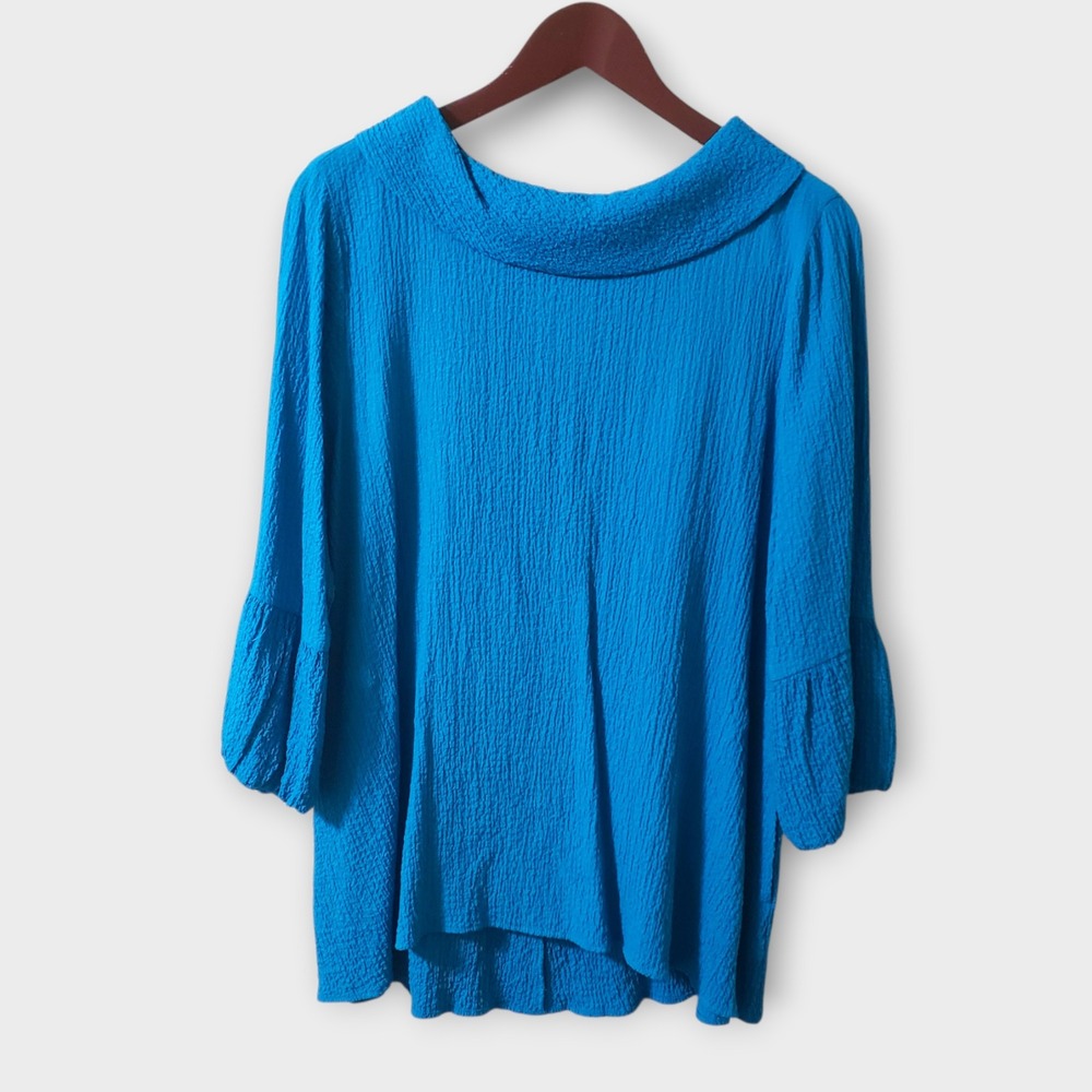 IC By Connie K Cowlneck Textured Bell Sleeve Tunic Top Turquoise Ring Zip Back L